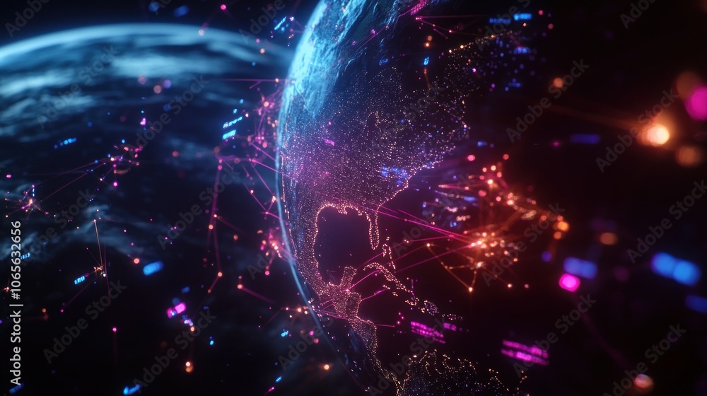 Poster a digital representation of earth with network connections highlighting data flow.