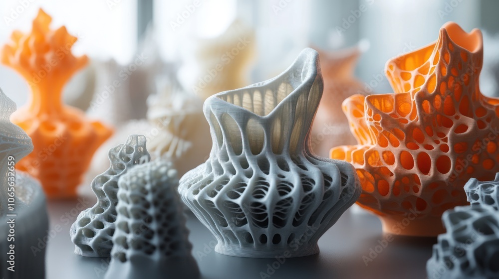 Poster a collection of intricate 3d-printed vases in various colors and designs.