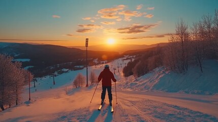 A skier stands at the top of a mountain, watching the sunset over the snowy peaks.