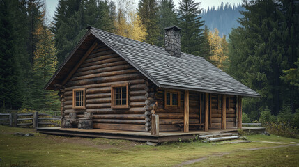 Obraz premium Chata z bali, która zachwyca swoją solidnością i prostotą. Chata jest doskonałym przykładem rustykalnego stylu architektury, typowego dla amerykańskich osadników.