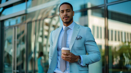 Obraz premium Stylish businessman hold a cup of coffee with showcase on background. An office worker with disposable cup of tea going to work in the morning.