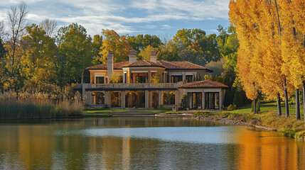 An exquisite villa overlooking a serene lake, ideal for a Thanksgiving getaway.