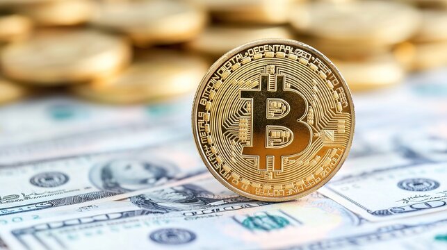 A shiny Bitcoin stands prominently on a stack of dollar bills, symbolizing the intersection of cryptocurrency and traditional finance.
