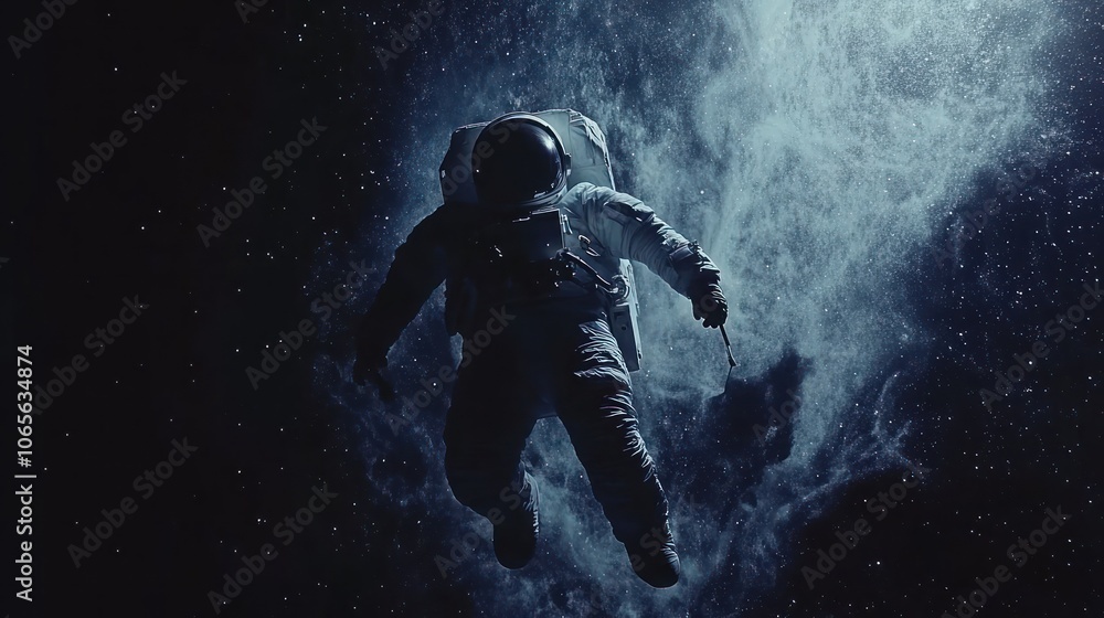 Poster an astronaut floats through a cloud of stardust in the vastness of space.