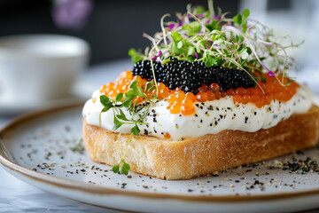 Close-up of a gourmet toast topped with black caviar, sour cream, and microgreens, set against a minimalist table setting.