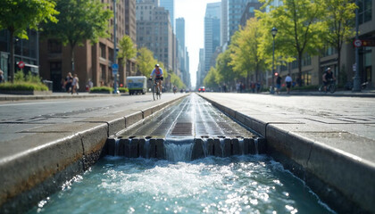 A modern urban drainage system efficiently manages rainwater in a bustling city street.

