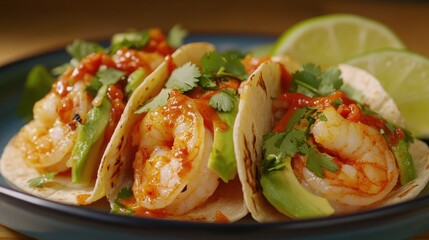 Three shrimp tacos with avocado, cilantro and salsa on a blue plate with a lime wedge.