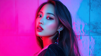 Obraz premium Fashion portrait of a young Asian woman under vibrant neon lights in an urban setting