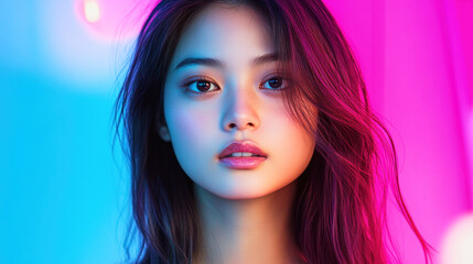 Fototapeta premium Urban fashion portrait of a young Asian woman illuminated by vibrant neon lights at night