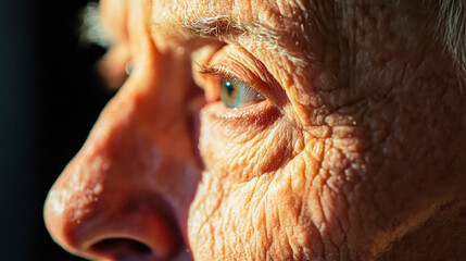 Captivating close-up of an older man's face displaying deep wrinkles and signs of aging