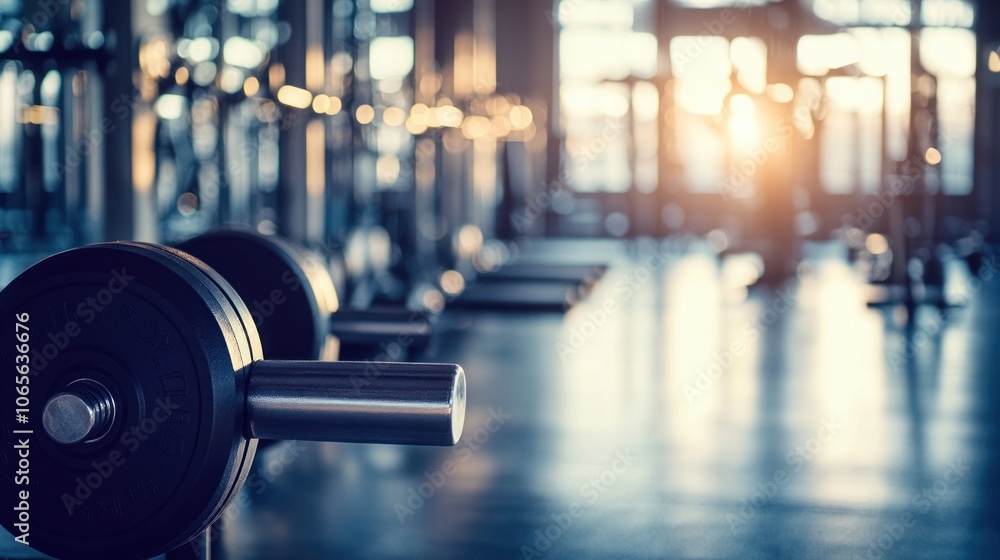 Poster a close-up of a weight bar in a gym with sunlight streaming through the windows.