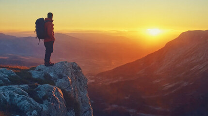 Fototapeta premium Man with a backpack watches the sunrise from a mountain cliff on a peaceful morning