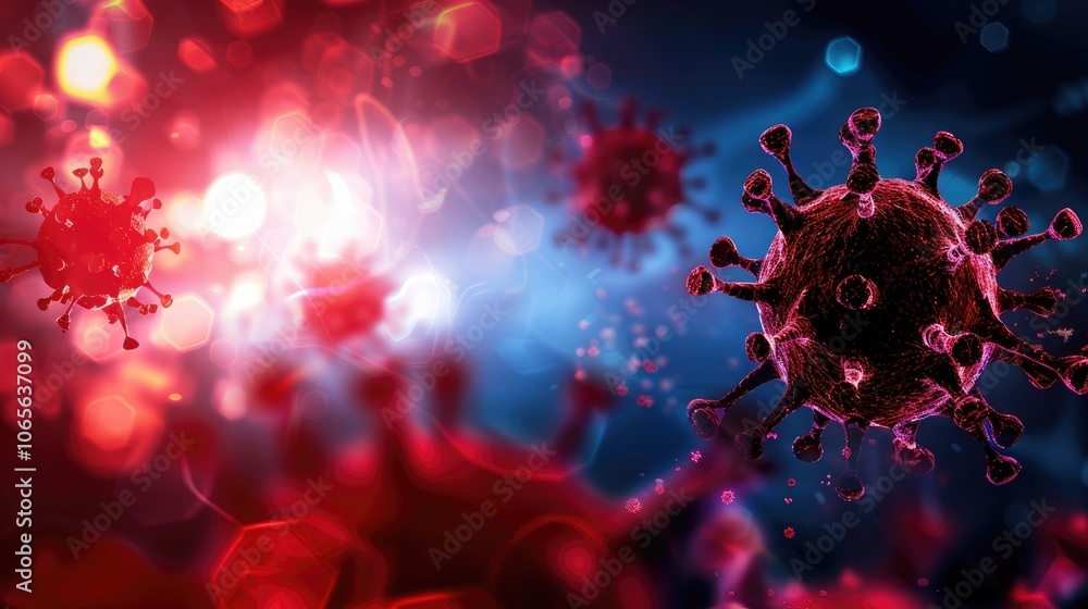 Poster a vivid, abstract representation of viral particles, showcasing a dynamic interplay of red and blue 