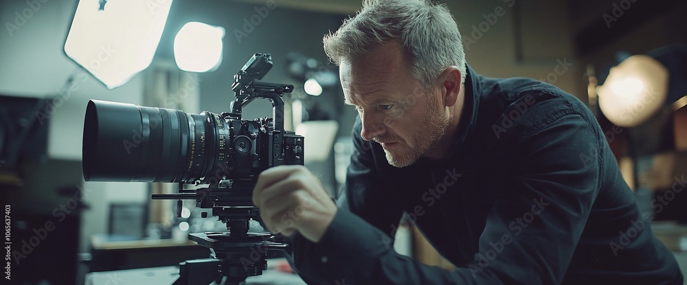 Poster a man in a dark shirt setting up a professional camera with a lens attached on a tripod in a studio.