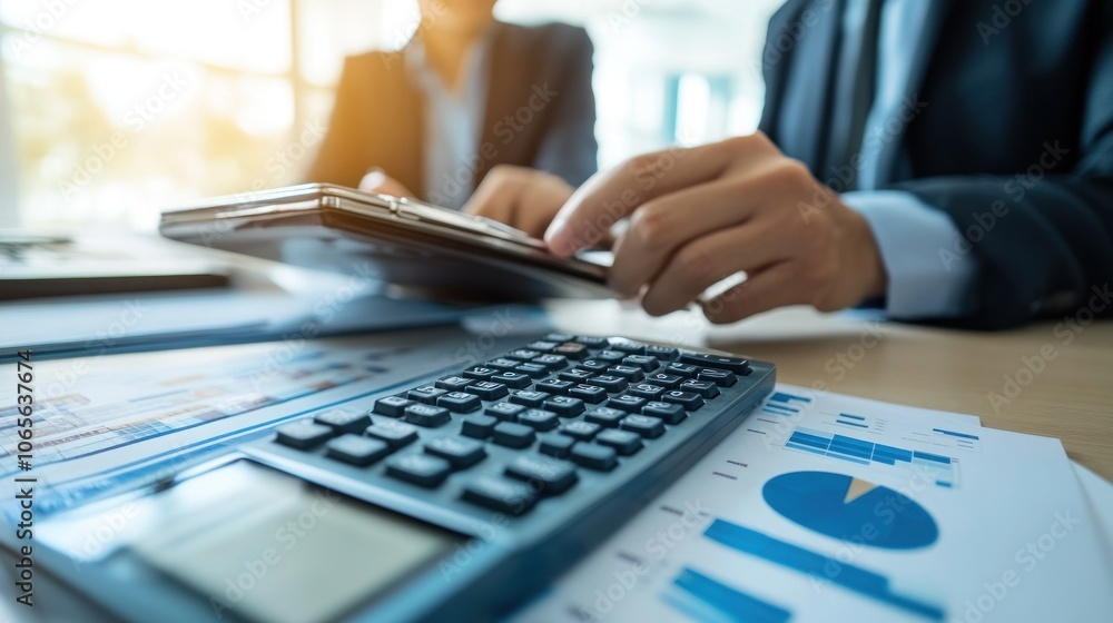 Aufkleber close-up of a businessman's hands using a calculator to analyze financial data with a colleague in t