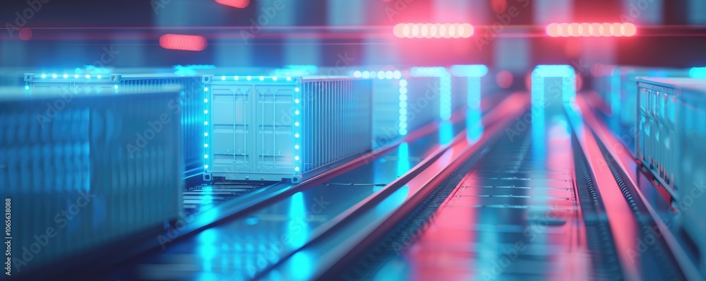 Poster a futuristic scene featuring illuminated storage containers on a conveyor system, emphasizing techno
