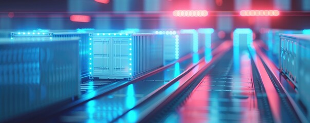 Obraz premium A futuristic scene featuring illuminated storage containers on a conveyor system, emphasizing technology and efficiency in warehouse operations.