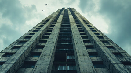 Towering neo-brutalist skyscraper with geometric patterns seen under a cloudy sky