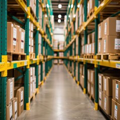 A well-organized warehouse aisle with neatly stacked cardboard boxes on shelves, showcasing efficient storage.
