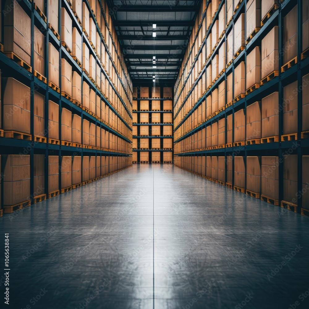 Poster a spacious warehouse filled with neatly stacked boxes on wooden pallets, creating a symmetrical and 