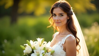 Young fair-skinned Caucasian woman in elegant white wedding dress holding bouquet of white roses