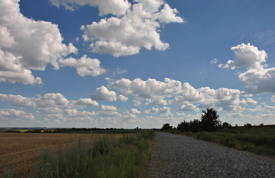 old stone road in the field and sky with clouds. beautiful landscape with cobblestone road