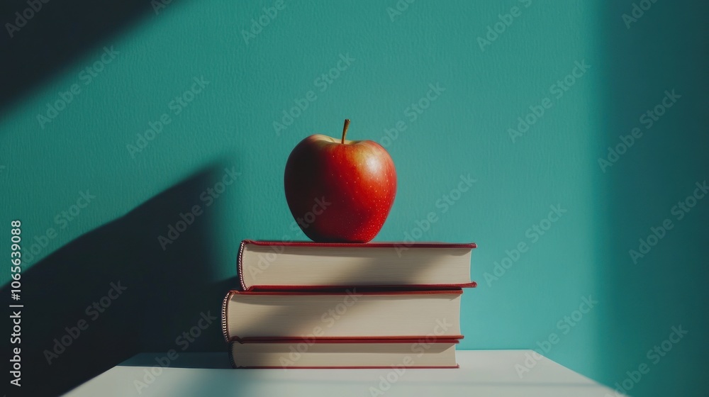 Aufkleber a red apple resting on a stack of three books against a teal background.