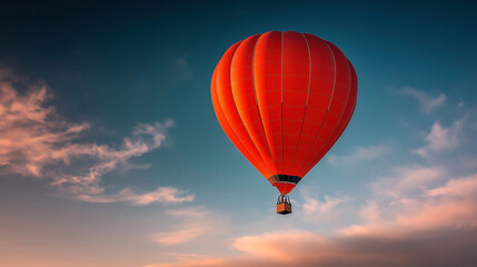 Naklejka premium Red hot air balloon floating in the sky with sunset clouds, offering a scenic view suitable for travel or adventure themes.