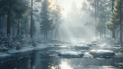 Fototapeta premium Winter Forest Scene with Sunlight