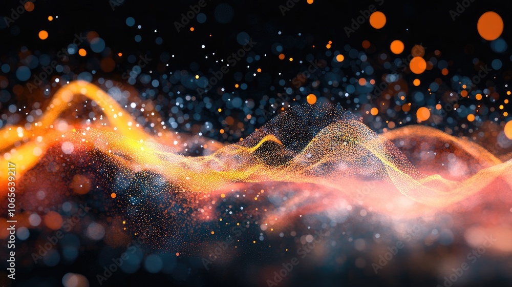 Poster data and information visualized through modern particle energy flow suitable for backgrounds or wall