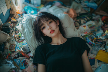 Fototapeta premium Asian teenage girl in black t-shirt ,lying on in a cluttered bedroom, her expression reflecting deep depression. 