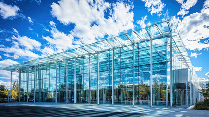 Fototapeta premium Striking low-angle view of a glass building against a vibrant blue sky with clouds