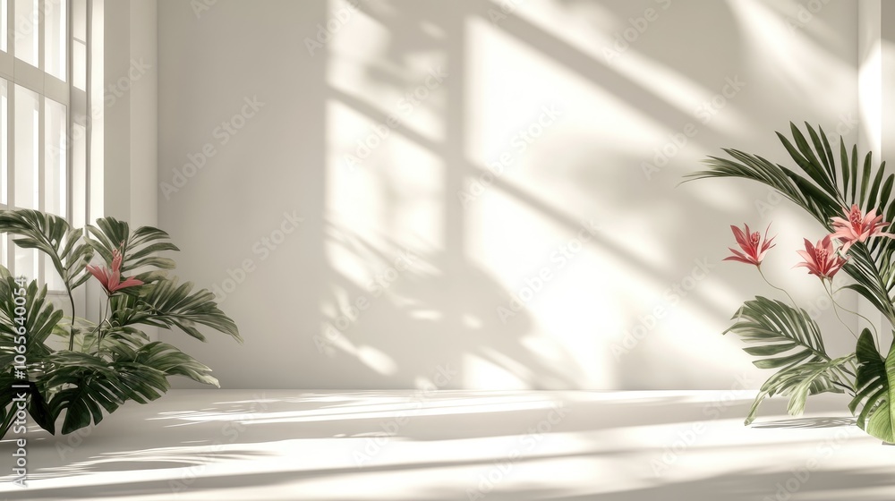 Poster empty white studio backdrop ideal for product display featuring shadows from windows flowers and pal