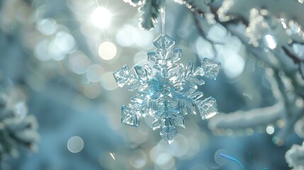 A hanging, crystal-like blue snowflake casting a soft shadow against a softly illuminated blue and white background with faint light flares, capturing a peaceful winter ambiance