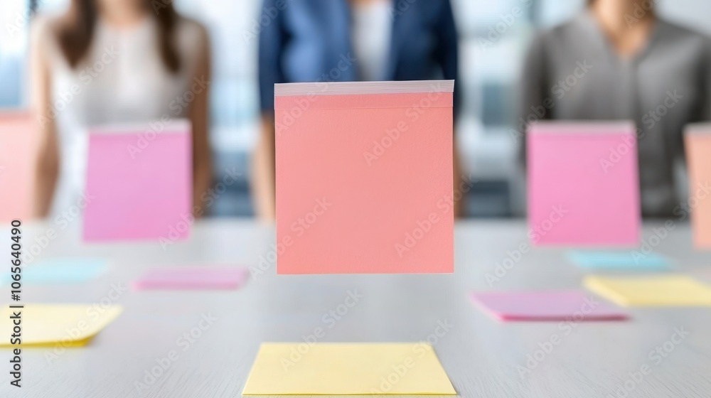 Aufkleber a close-up image of colorful sticky notes arranged on a table, with individuals in the background, s