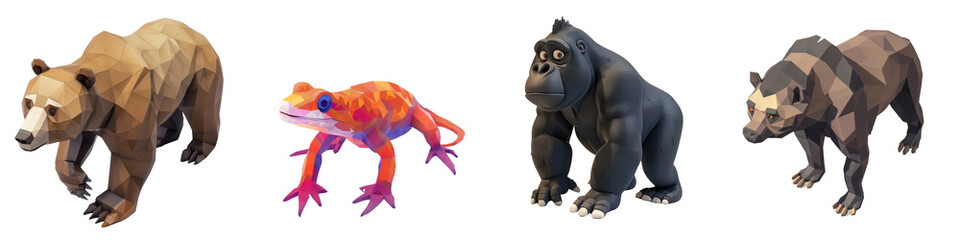 Obraz premium A composition of different animals, including bears and a colorful frog, on a white isolated background.