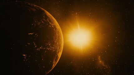 Obraz premium A planet bathed in the golden light of its sun in space.