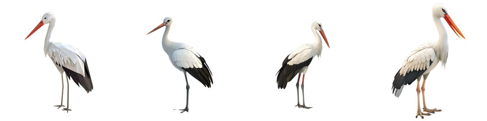 Fototapeta premium A series of storks in various poses, isolated on a white background.