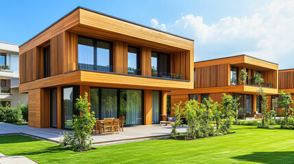 Fototapeta premium Modern wooden residential complex with greenery in an urban setting during daylight