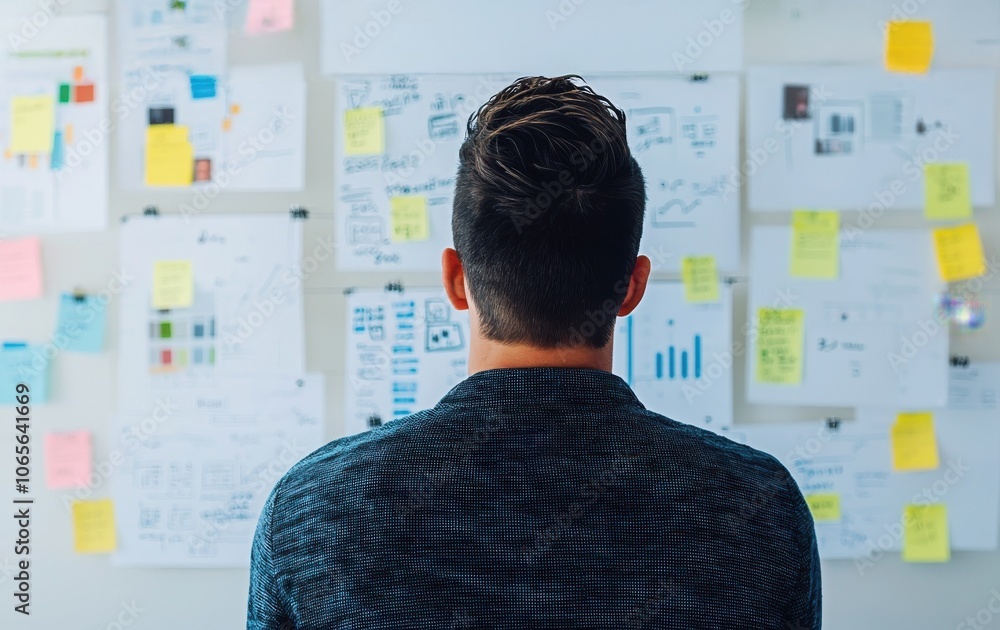 Poster a person stands thoughtfully in front of a wall covered with colorful sticky notes and documents, de