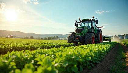 Fototapeta premium Modern tractor in lush field symbolizes sustainable, tech-driven agriculture.