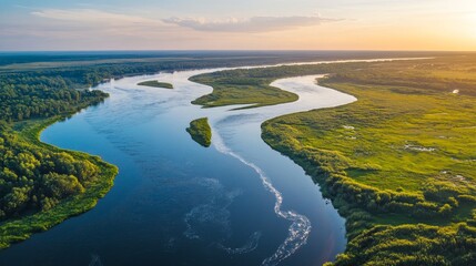 Fototapeta premium Creative Aerial panoramic View. Waves of water of the river and the sea meet each other during high tide and low tide. Beautiful natural background at the summer time 