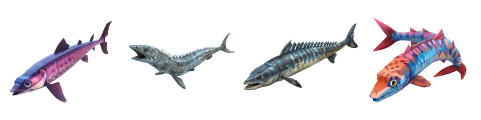 Fototapeta premium Colorful collection of four distinct shark species on a white isolated background.