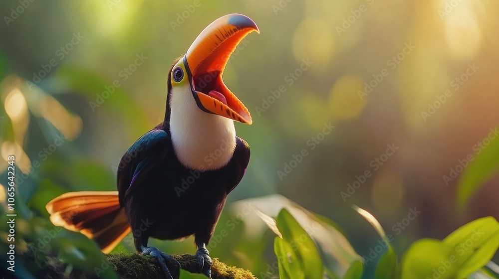 Poster A toucan with its beak open wide, sitting on a branch in a lush green forest.