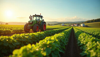 Fototapeta premium Modern tractor in lush field symbolizes sustainable, tech-driven agriculture.