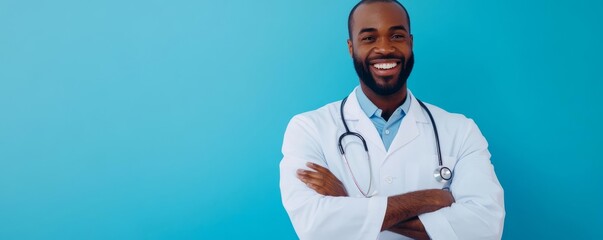 Naklejka premium Positive doctor with arms folded, cheerful expression, patient-focused care