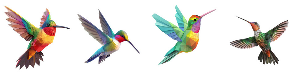 Obraz premium Colorful hummingbirds in flight against a white isolate background, showcasing their vibrant feathers and elegance.