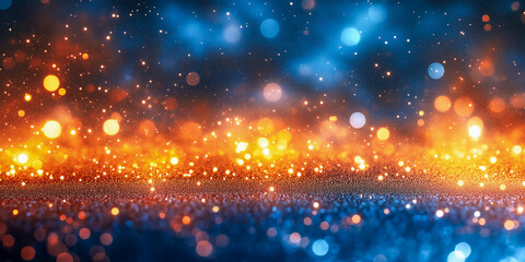 Fototapeta premium Abstract festive background with bokeh lights in shades of blue and orange, vibrant holiday backdrop with sparkling lights and a warm, magical glow. Place for text.
