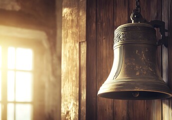 Obraz premium A large bell hanging in the church, with a wooden wall behind it. Soft light illuminates part of an old bronze bell against the background of wood, 