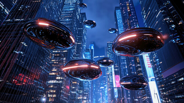 Futuristic city at night with hovering cars and vibrant neon lights in a sleek urban landscape